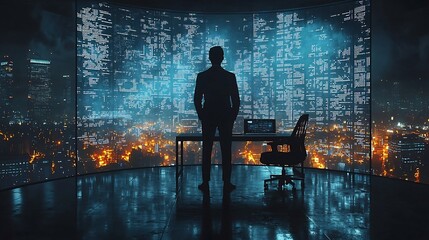 Futuristic Fintech Office with Immersive Virtual Tools and Assistants for Real Time Financial Data Analysis