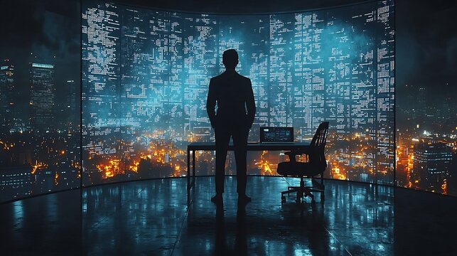 Futuristic Fintech Office with Immersive Virtual Tools and Assistants for Real Time Financial Data Analysis