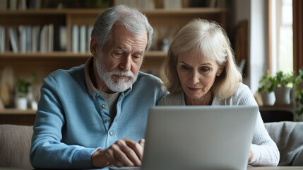 An elderly couple learning about genealogy, researching their family tree online