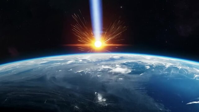 Asteroid impact on Earth with bright explosion from space