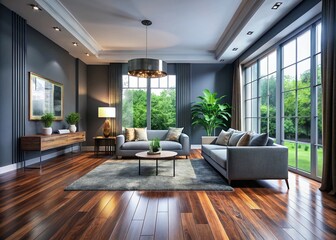 Fototapeta premium Dark Hardwood Floors Gray Walls Interior Design Photography - Modern Home Architecture Images