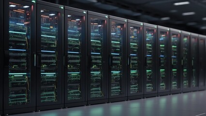A brightly lit server room featuring rows of high-tech servers illuminated by colorful LED lights.