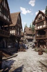A Charming Scene of a Medieval Village Featuring Unique and Rustic Architecture Elements