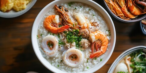 Seafood porridge is a delightful dish featuring boiled rice soup, enhanced with sliced fish, squid, and shrimp, all served in a white bowl. This seafood porridge is perfect for breakfast. Top view