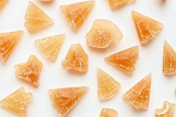 Overhead view of shattered Dalgona candy honeycomb toffee in umbrella and triangle shapes on a white backdrop