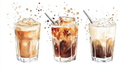 Watercolor of ice coffee in glass,americano coffee,iced cold brew coffee in plastic takeout cup,Ice latte,Drink element,menu Hot and cold coffee beverage,promotion, marketing, banner.