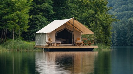 Fototapeta premium Luxurious Glamping Tent Overlooking Serene Lake