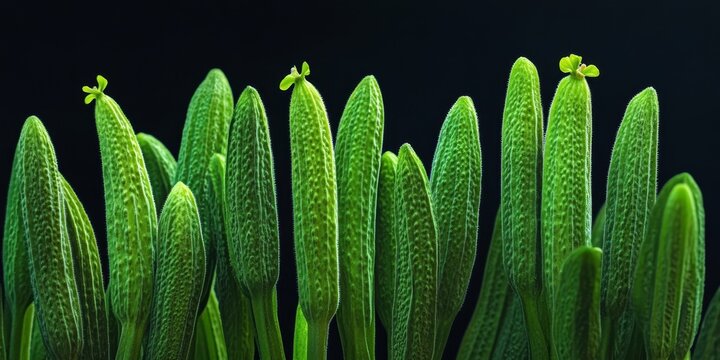 Green lady fingers in nature display their vibrant color scheme, highlighting the beauty of the green lady finger plants against a contrasting black background, a true representation of nature s