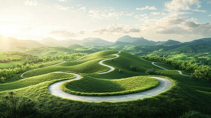 An artistic representation of multiple pathways converging in a career-themed landscape