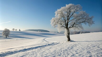 Snow covered rolling hills and frozen trees in a winter wonderland landscape illuminated by the low winter sun create a picturesque scene of tranquility and peace