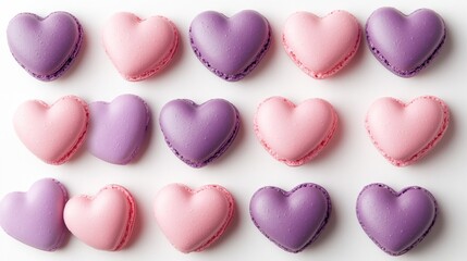 Obraz premium Pink Heart Sweet macarons isolated on a white background,Love romantic,Happy Valentines Day,Macaroons cake creative layout,Sweet collection and design element, Flat lay.