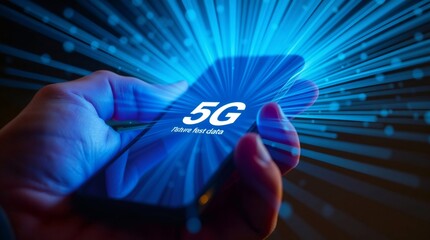 5G Speed and Innovation: Hand holding smartphone with 5G network signal radiating outwards, symbolizing high-speed connectivity and technological advancement. 