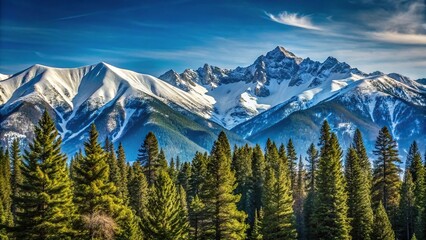 Fototapeta premium Snow capped mountains morning blue sky pine trees Colorado