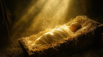 Infant Jesus wrapped in swaddling clothes, lying in a rustic manger under a celestial beam of light, exuding warmth and peace