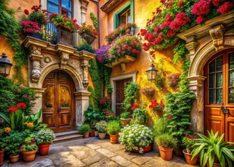 Naklejka premium Blossoming oil paintings illuminate architectural photography; radiant backdrops create stunning visuals.