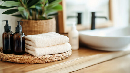 Natural bathroom accessories like soap dispensers, fluffy towels, and houseplants create a relaxing spa-like ambiance, promoting wellness and self-care