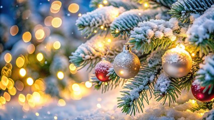 snow covered Christmas tree branch with ornaments and lights
