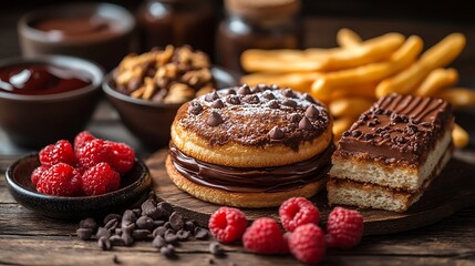 Delicious Chocolate Treats With Raspberries And Fries