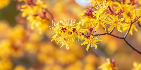 Autumn blooms of the common witch hazel shrub showcase its unique flowers. The common witch hazel exhibits vibrant blooms during the fall season, highlighting its natural beauty.