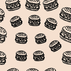 doodle burger pattern background. doodle fast food burger seamless pattern background. seamless pattern of hamburger in doodle style. Seamless Pattern of a Cheese Burger or Hamburger