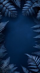 Dark blue background with fern leaves in the corners, empty center for text or product display, nature-inspired backdrop