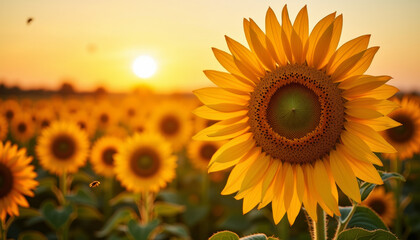 Obraz premium Sunflowers basking in the golden glow of sunset on a warm summer evening in a vast field