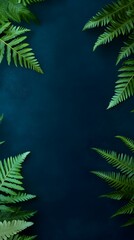 Dark blue background with fern leaves in the corners, empty center for text or product display, nature-inspired backdrop