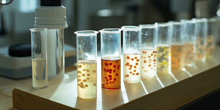 Eppendorf tubes contain bacterial cell pellets with E. coli that express fluorescent proteins YFP, RFP, and GFP, displayed under white light on a wooden lab bench for observation.