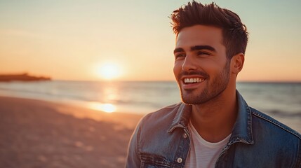 Smiling male model wearing a denim jacket, posing on a beach at sunset
