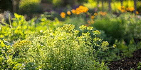 Obraz premium Blooming fennel seeds flourish in the garden, showcasing the vibrant life cycle of fennel seeds as they thrive and grow in a lush, green environment. Enjoy the beauty of blooming fennel seeds 