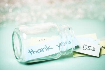 Thank you day, word thanks in different languages, being thankful, support, help and charity concept