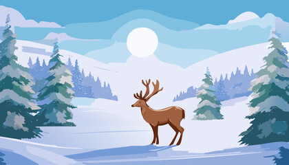 Deer in the winter forest. Vector illustration in flat style.