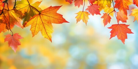 Fototapeta premium Vibrant maple leaves in close up showcase the beauty of autumn foliage against a blurred backdrop. This colorful display of fall leaves creates an ideal panoramic background with ample copy space.