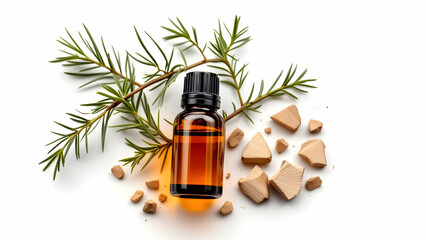 A high-quality image of an amber bottle of cedarwood essential oil, accompanied by fresh cedarwood twigs and small pieces of wood, captured on a white background. The composition emphasizes natural te
