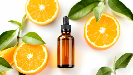 An amber glass bottle of orange essential oil, placed alongside fresh orange slices and green...