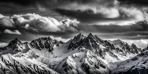 Snow covered mountains in black and white with high contrast and grey dark sky