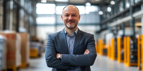 Portrait of male operations director in warehouse, overseeing logistics, smiling, portrait shot
