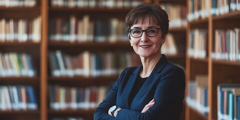 Portrait of a librarian in a library, with shelves of books in the background, smiling, portrait shot