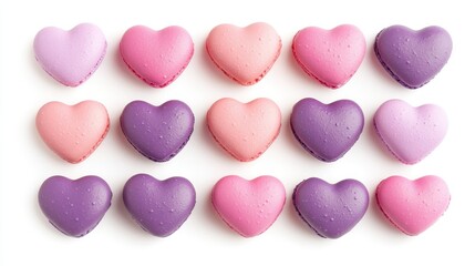 Fototapeta premium Pink Heart Sweet macarons isolated on a white background,Love romantic,Happy Valentines Day,Macaroons cake creative layout,Sweet collection and design element, Flat lay.