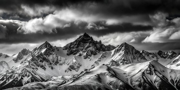 Snow covered mountains in high contrast black and white with dark grey sky