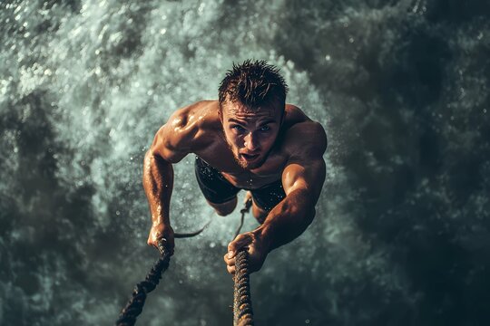 A man hangs on a rope over the water