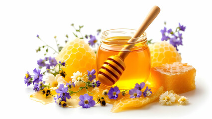 A glass jar of honey with a wooden honey dipper, surrounded by fresh honeycomb and wildflowers. The setup is on a clean white background, capturing the natural details and textures.