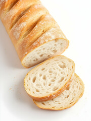 Naklejka premium A clean setup of a classic French baguette, sliced into pieces and placed on a white background. The crusty texture and soft interior are perfectly highlighted.
