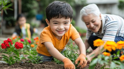 The value of a family generation. Happy child gardening with a grandparent, enjoying nature and family time.