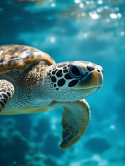 Fototapeta premium A close-up shot of a sea turtle swimming gracefully through clear blue ocean waters, with sunlight filtering through the surface. The turtle's shell texture is captured with remarkable detail, and the