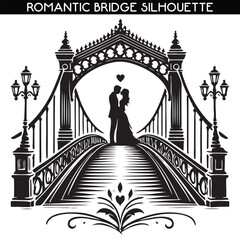 Romantic bridge black and white vector silhouette design