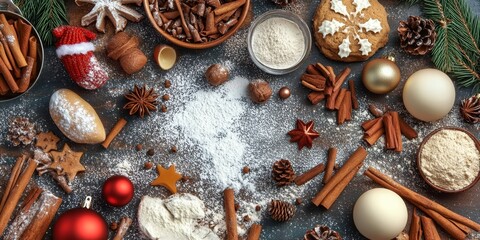 Christmas cooking background featuring a variety of holiday baking ingredients. Explore the essence of Christmas cooking with this collection of festive baking essentials.