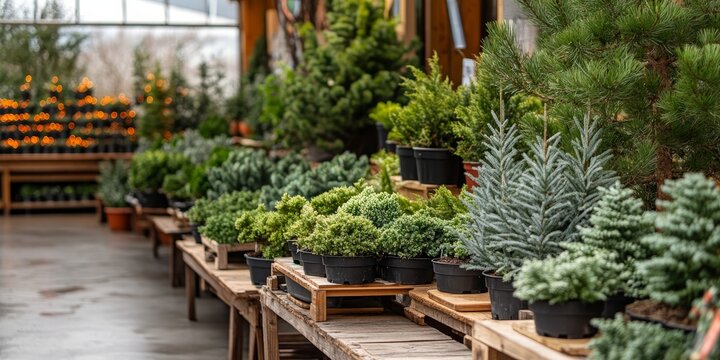 Garden shop featuring a display of potted pine, tuja, and juniper plants available for purchase. Discover a variety of pine, tuja, and juniper options in this garden shop.