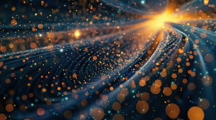 Naklejka premium Golden particles flowing like a river in cyberspace, creating a big data visualization with an abstract background and a bright light at the horizon