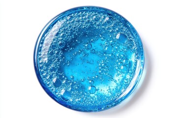 Round sample of blue serum oil with bubble texture isolated on white Cosmetic product with hyaluronic acid retinol and collagen from a lab